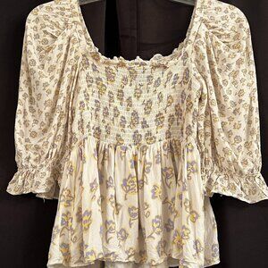Floral Cropped Puff‎ Sleeve Smocked Blouse Peasant Boho Prairie Top Size Medium